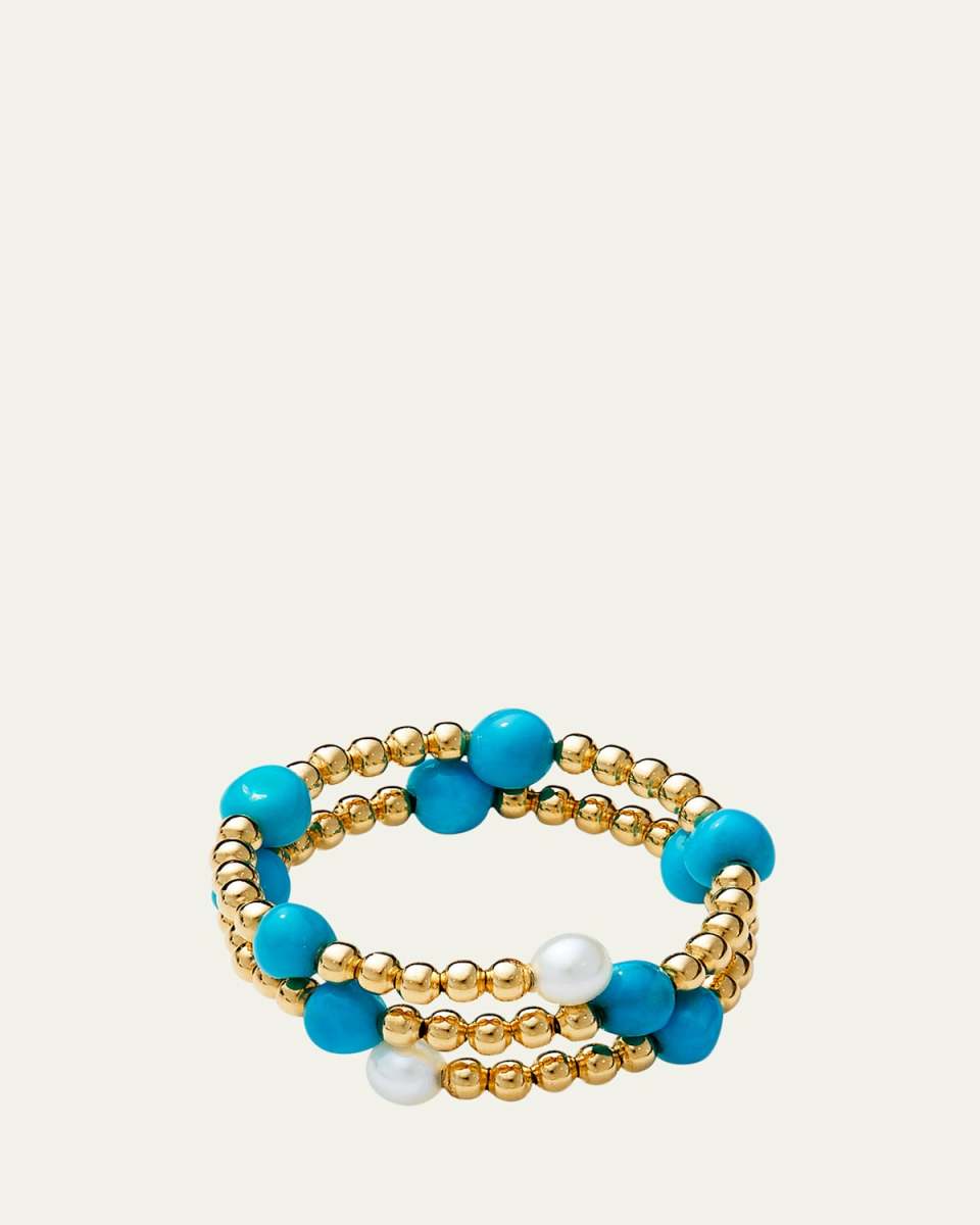 18K Yellow Gold San Mateo Multi Turquoise and Pearl Double Wrap Beaded Ring